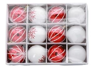 Close-up of 12-piece Christmas ball set with red and white snowflake patterns in a box
