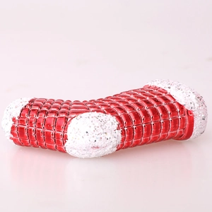 Red and white Christmas stocking ornament with metallic lattice and white glitter finish