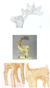 Detail of 40cm iron reindeer lamp with LED lights and golden woven metal wire texture