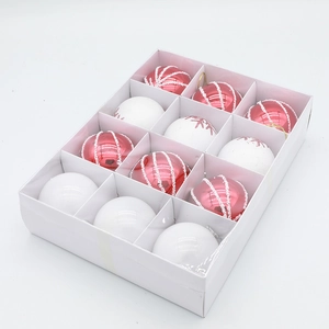 Pink and white painted Christmas ball ornaments set in white box for tree decoration