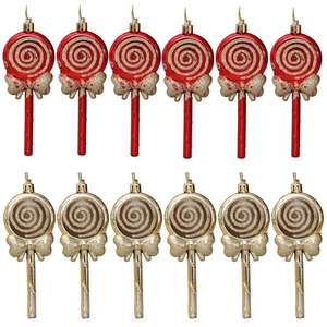 12Pcs Christmas glitter lollipop hanging ornaments in red and champagne gold colors