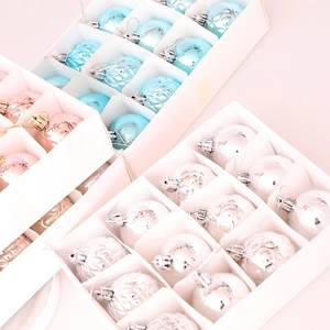 Set of 12 multi-textured 5cm Christmas balls in pastel blue, pink, and pearl white