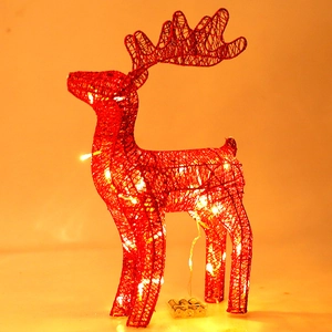 Red tinsel Christmas deer with warm LED lights and metal wire frame for holiday decor