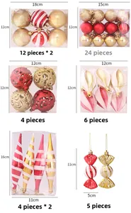 Detailed view of red and gold Christmas ball set including candy shapes and glitter ornaments