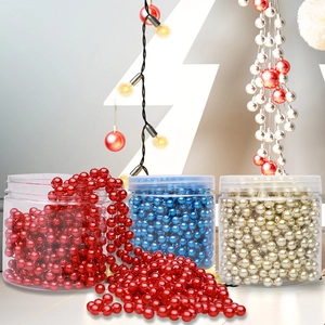 Christmas tree bead chains in gold, red and blue metallic finish, 8 meters long set