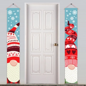 Christmas Gnome door banners in red and blue fabric with snowflake patterns for home decor