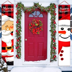 Christmas porch banners featuring Santa and Snowman on red buffalo plaid oxford fabric