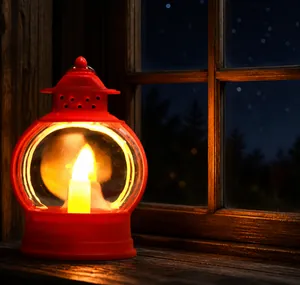 Detail of red vintage lantern with warm yellow LED simulation candle and hanging loop