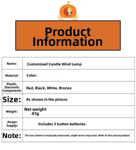 Detailed specification sheet for electronic candle lanterns with battery and size info