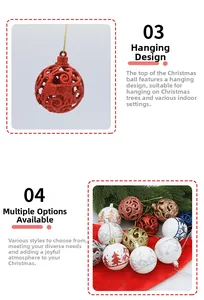 Close-up of 6cm Christmas balls with hollow carving, glitter coating, and festive patterns