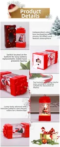 Detailed views of LED Christmas lantern with Santa scene and glitter decoration