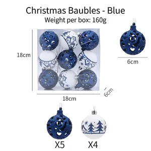 Set de bolas de Navidad de 6cm azules y blancas con purpurina y diseños de árboles