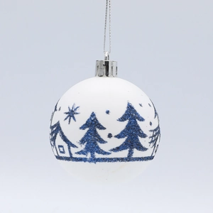 Set de 9 bolas de Navidad blancas de 6cm con purpurina azul, pinos nevados y casas