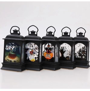Row of five black vintage Halloween lanterns with skull, witch, pumpkin and castle prints