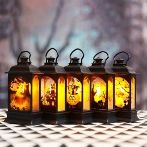 Set of 5 black Halloween LED lanterns with witch and pumpkin silhouettes for fireplace decor