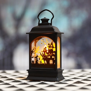Halloween decorative lantern with witch and castle silhouettes and warm LED light