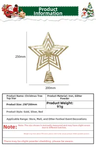 Detailed technical drawing of 25cm gold iron Christmas star topper with dimensions and weight