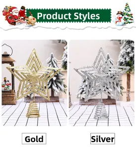 Close-up of gold and silver hollow star tree toppers with glitter finish and spiral base