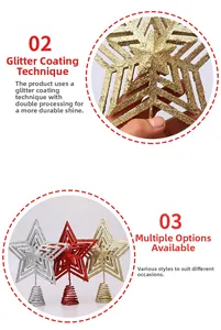 Detail of glittered metal Christmas star toppers with spiral bases in red, gold and silver
