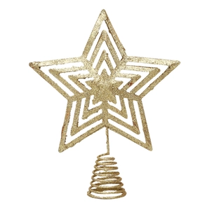 Detail of a three-layer hollow golden glitter star Christmas tree topper with spiral base
