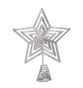 Silver glittered iron Christmas tree topper with hollow five-pointed star and spring base