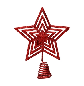 Close-up of red glittered hollow star Christmas tree topper with spiral spring base
