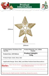 Detailed dimensions of the 25cm golden glitter hollow iron star Christmas tree topper