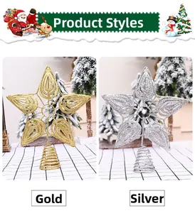 Detail view of hollow Christmas tree star toppers in gold and silver with glitter finish