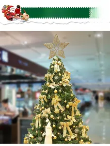 Close-up of golden glitter hollow star topper mounted on a decorated Christmas tree