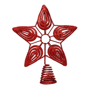Close-up of red glitter hollow star Christmas tree topper with iron spring base