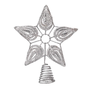 Macro view of silver hollow star tree topper with glitter finish and spiral base