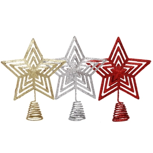 Glitter Iron Christmas Tree Topper Star Hollow Multi Layered Five Pointed Star With Spiral Spring Base Xmas Decor