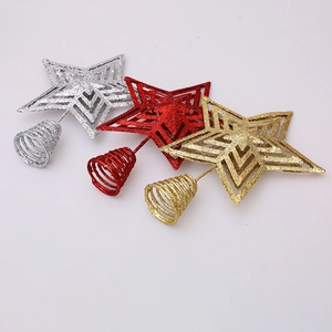 Glittery hollow Christmas tree topper stars in gold, red and silver with spiral bases