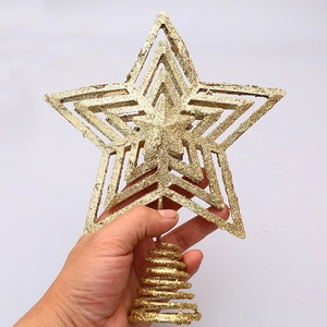 Golden glittery multi-layer iron Christmas tree topper star with spiral spring base