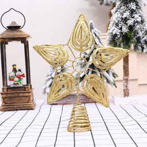 Glittering gold hollow star Christmas tree topper with leaf pattern and spiral base