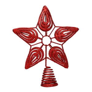 Glittery red iron Christmas tree topper star with hollow design and spiral base