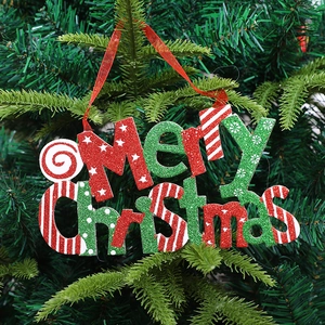 Merry Christmas Letter Sign Pendant Glitter Hanging Decoration For Christmas Tree Party Wall Home Festive Ornament Red Green Gold