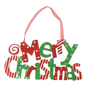 Glittery Merry Christmas hanging sign with red and green letters and snowflake patterns