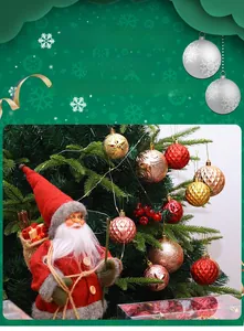 Detail of Christmas ornament set with glittery, matte, and geometric baubles on a tree