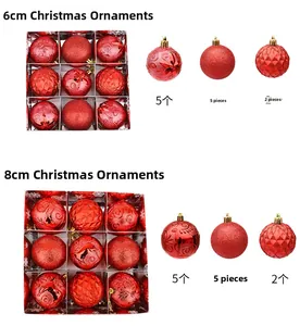 Detailed view of red Christmas ornaments set with 6cm and 8cm textured glitter balls