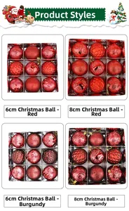 Detail of 9-piece red Christmas ball set featuring glossy, matte, and diamond textures