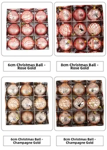 Close-up of rose gold and champagne Christmas balls with spiral and geometric textures