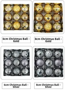 Comparison of 6cm and 8cm Christmas balls in gold and grey with various textures