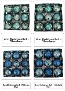 Detail of 6cm and 8cm Christmas balls in olive green and midnight blue matte finishes