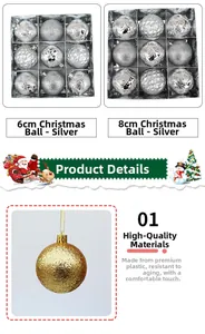 Detailed set of 6cm and 8cm silver and gold Christmas ornaments with embossed textures