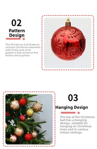 Detail of red embossed reindeer ornament and golden festive balls for Christmas tree