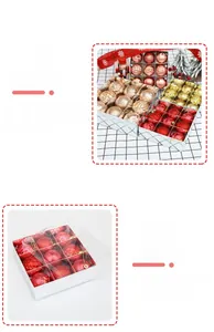 Detail view of various textured Christmas ornaments in a grid box with a clear lid