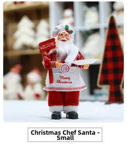 Detail of small Santa chef figurine with WELCOME sign and red plaid shirt for Christmas decor
