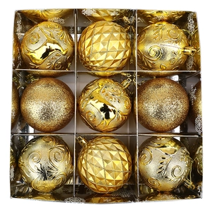 9-piece gold Christmas ball ornaments set with glitter and embossed deer patterns in gift box
