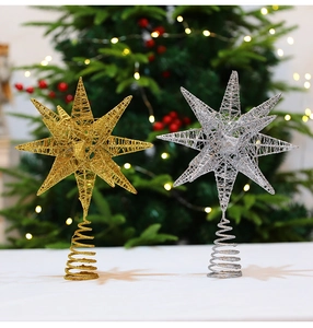 Detail showing gold and silver glittered metal star toppers with spring bases for trees